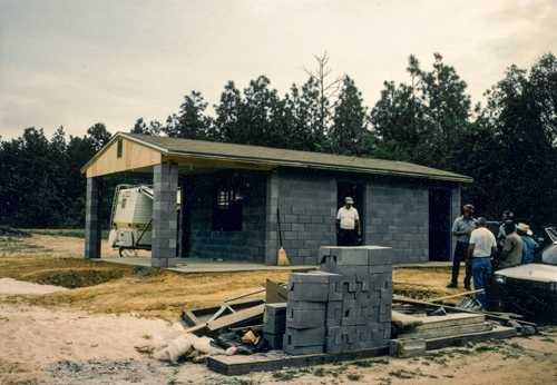 the roof structure is up but no roof is on it